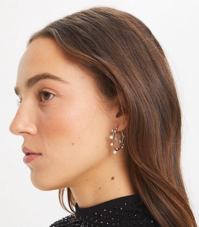 Tory Burch designer ohrringe Doppelcreolen mit Kristallen in Tory Silver / Pearl / Crystal front