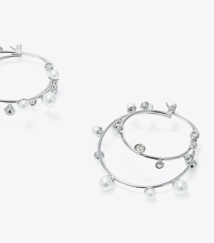 Tory Burch designer ohrringe Doppelcreolen mit Kristallen in Tory Silver / Pearl / Crystal detail
