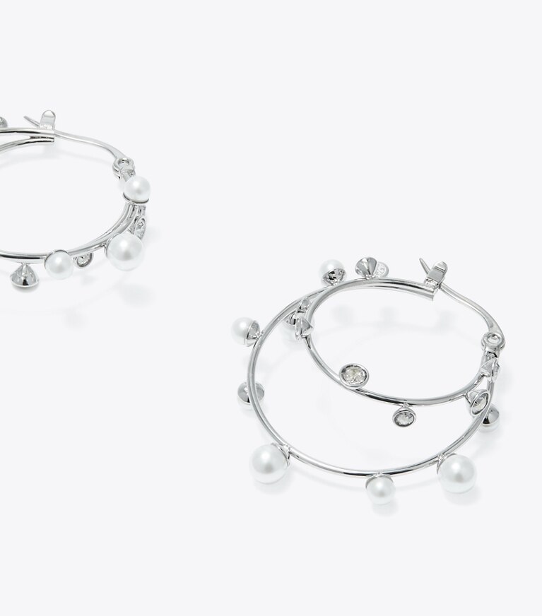 Tory Burch designer ohrringe Doppelcreolen mit Kristallen in Tory Silver / Pearl / Crystal front