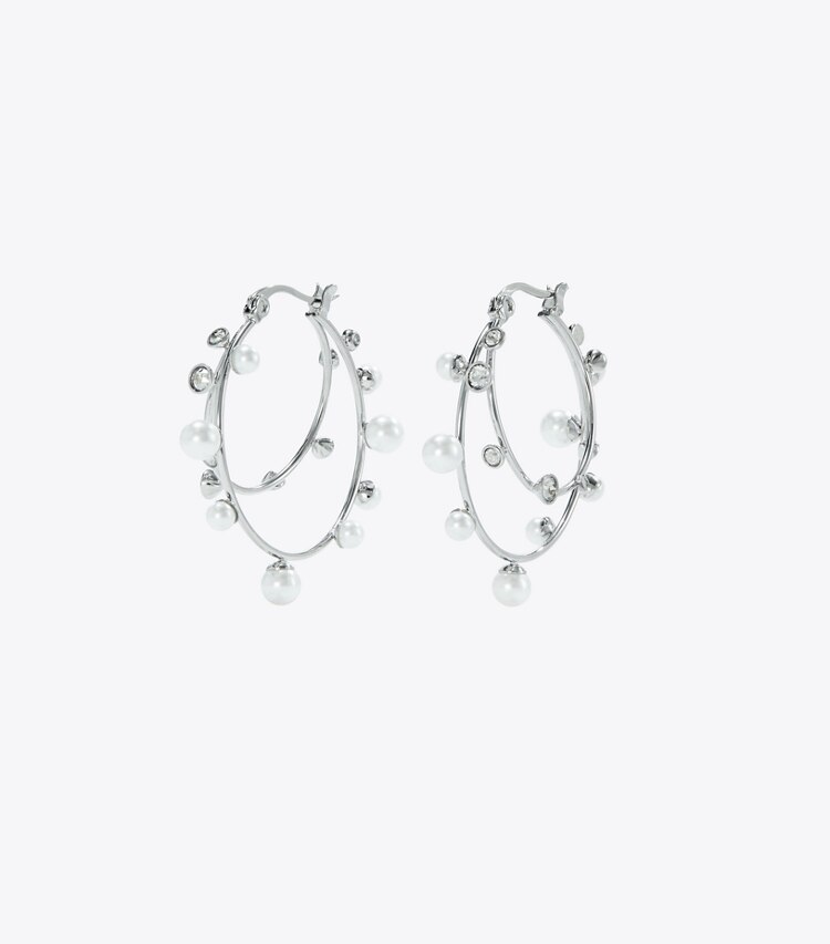 Tory Burch designer ohrringe Doppelcreolen mit Kristallen in Tory Silver / Pearl / Crystal front
