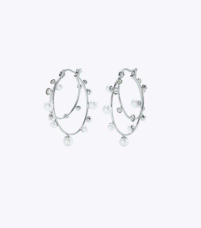 Tory Burch designer ohrringe Doppelcreolen mit Kristallen in Tory Silver / Pearl / Crystal front