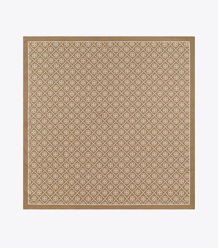 Tory Burch designer schals Doppelseitiges, quadratisches Seidentuch mit T-Monogramm in Natural Khaki von oben