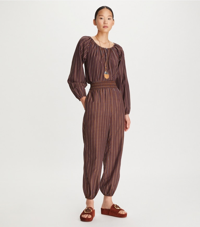 Tory Burch designer bottoms Dotted Windowpane Ankle Pant in Brown front