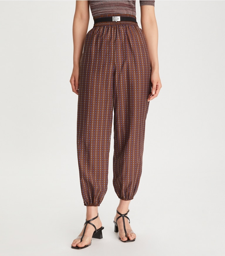 Tory Burch designer bottoms Dotted Windowpane Ankle Pant in Brown front