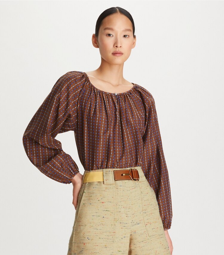 Tory Burch designer tops Dotted Windowpane Top in Brown on model detail