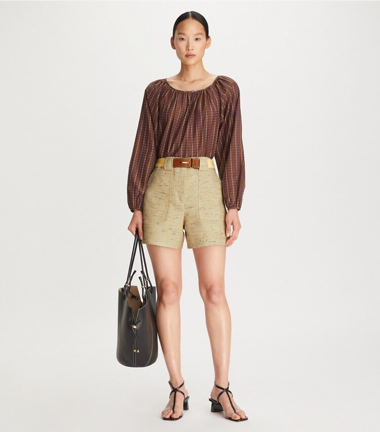 Tory Burch designer tops Dotted Windowpane Top in Brown on model front