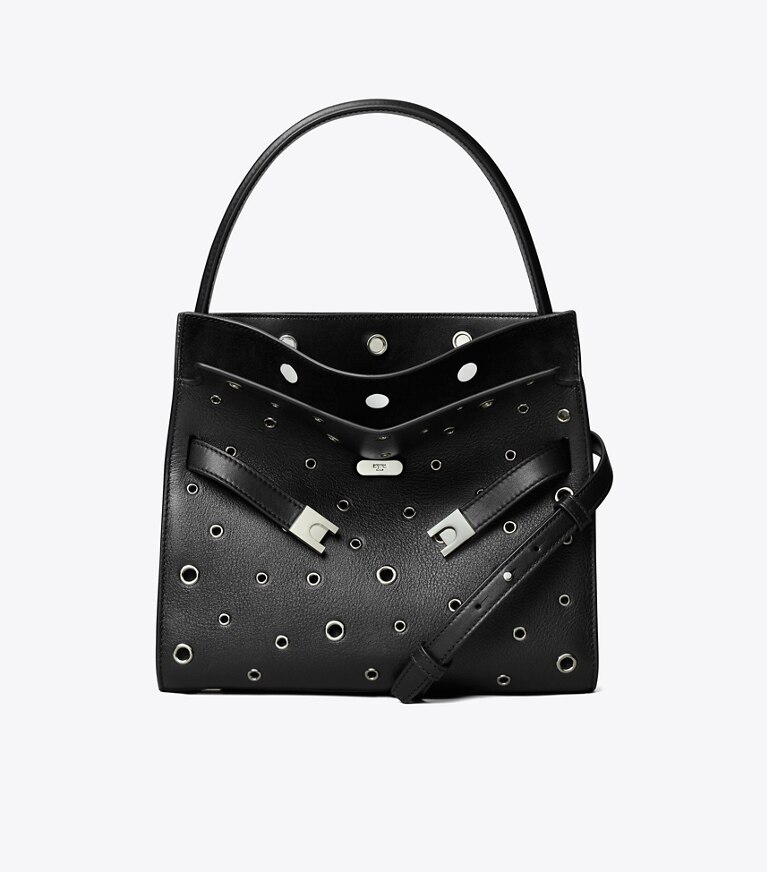 Tory Burch designer bauletto Double Bag Lee Radziwill Grommet piccola in Black angle