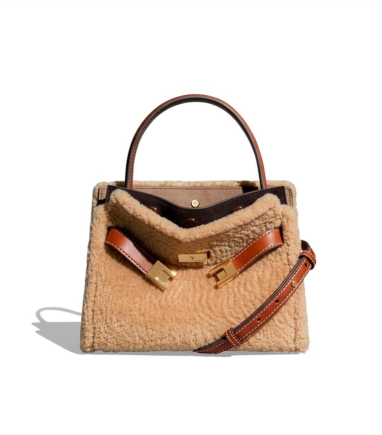 Tory Burch designer borse a spalla Double Bag Petite Lee Radziwill in shearling in Teddy additional