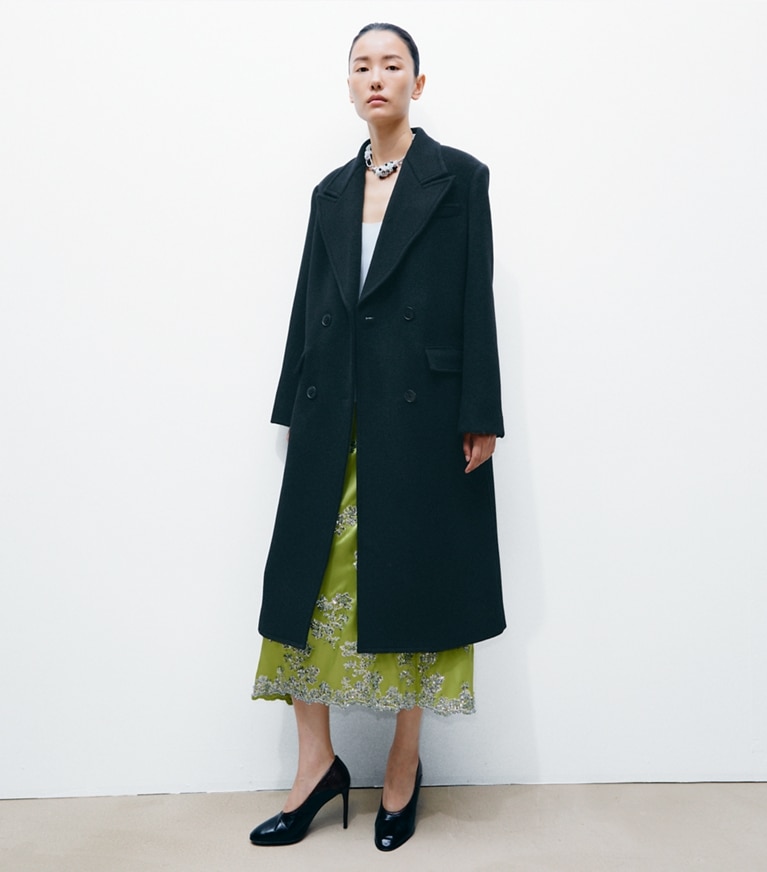 Tory Burch designer coats Double Breasted Wool Coat in BLACK additional on model