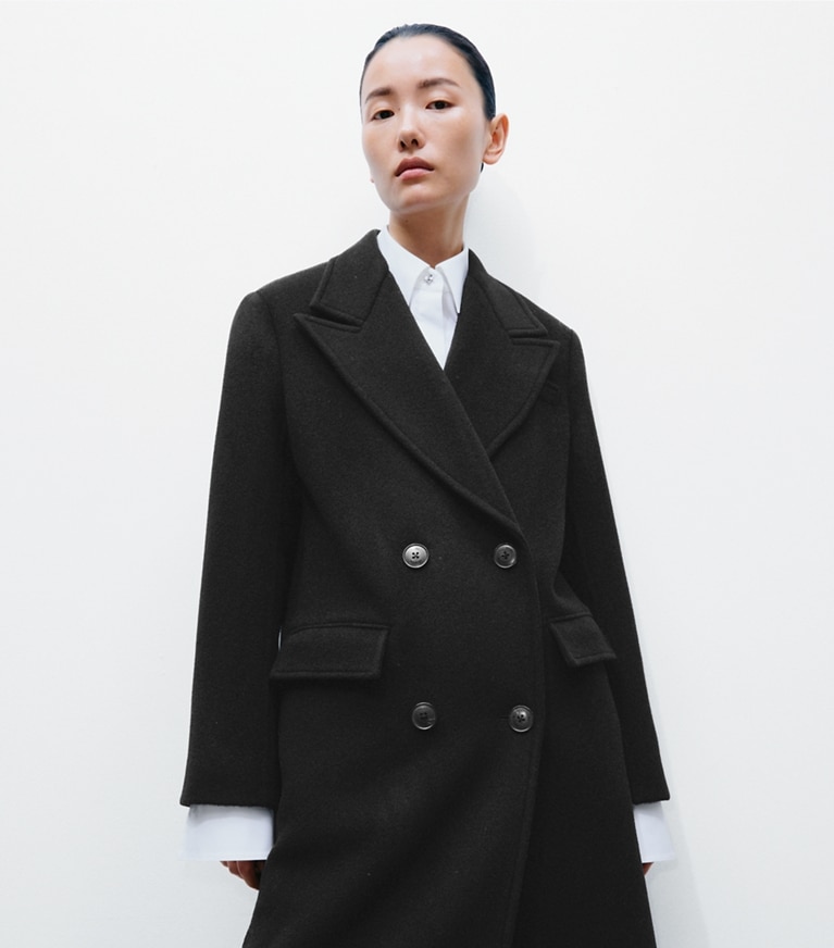 Tory Burch designer coats Double Breasted Wool Coat in BLACK on model detail