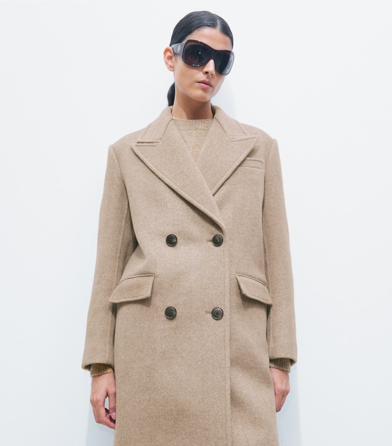Tory Burch designer coats Double Breasted Wool Coat in Ashed Mocha on model detail