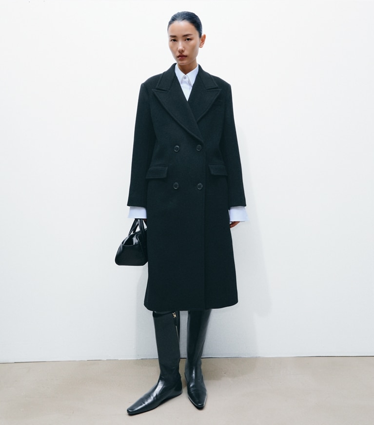 Tory Burch designer coats Double Breasted Wool Coat in BLACK on model front