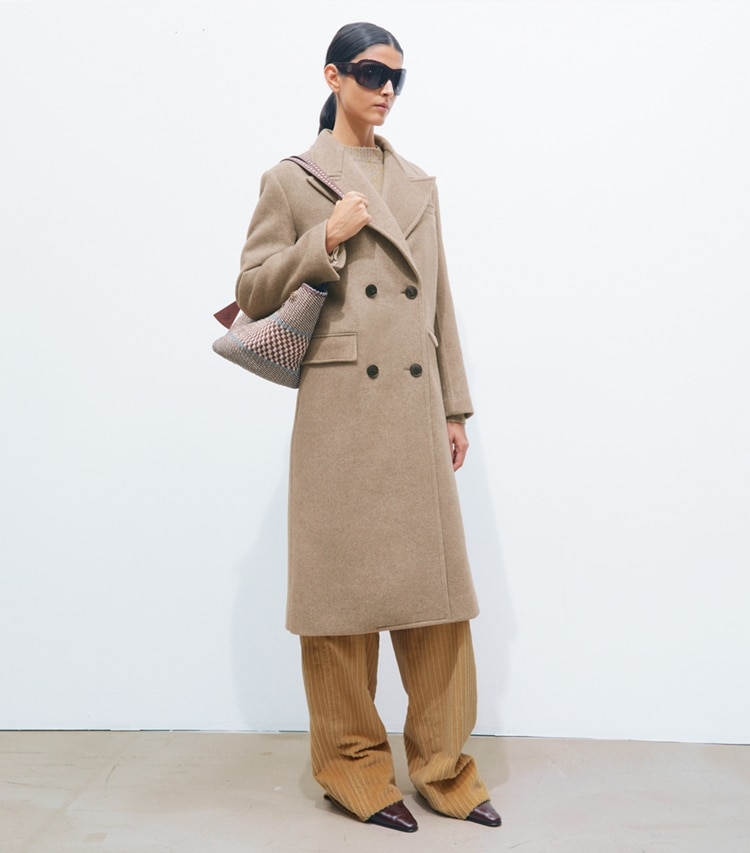 Tory Burch designer coats Double Breasted Wool Coat in Ashed Mocha on model front