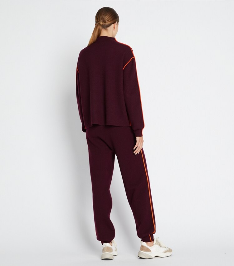 Tory Sport designer sweaters Double Face Wool Mockneck in Winetasting on model back