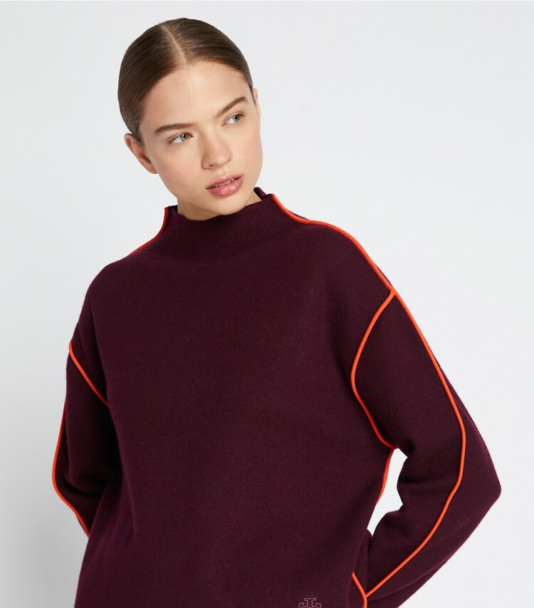Tory Sport designer sweaters Double Face Wool Mockneck in Winetasting on model detail