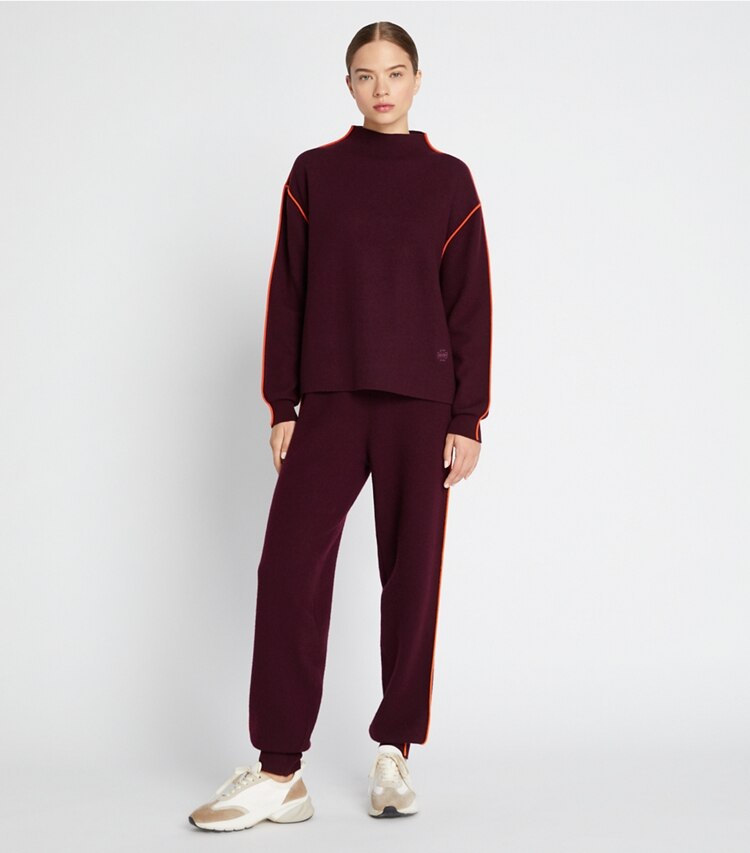 Tory Sport designer sweaters Double Face Wool Mockneck in Winetasting on model front