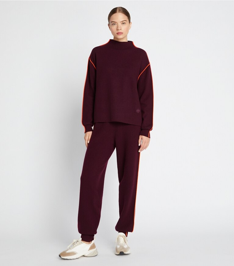 Tory Sport designer sweaters Double Face Wool Mockneck in Winetasting front