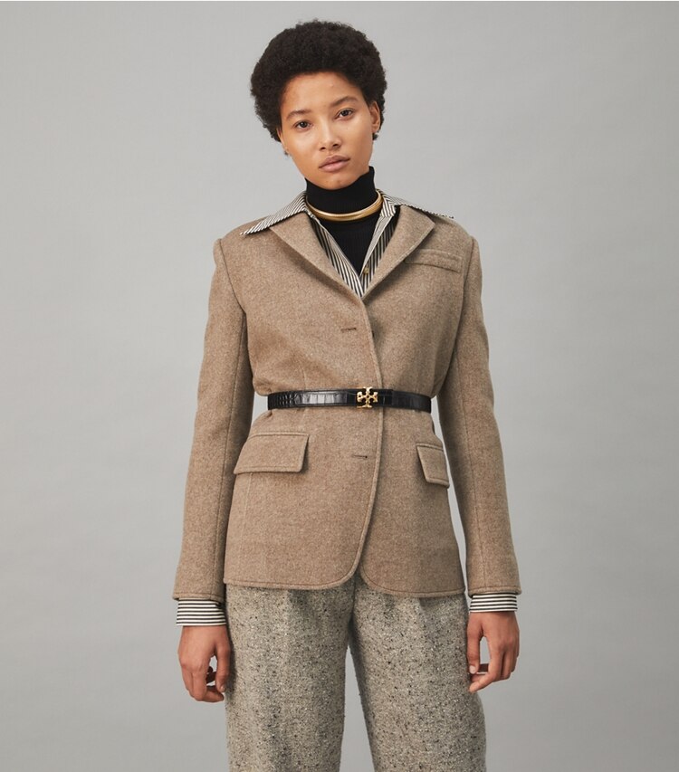 Tory Burch designer jackets Double-Faced Wool Blazer in Ashed Mocha on model detail