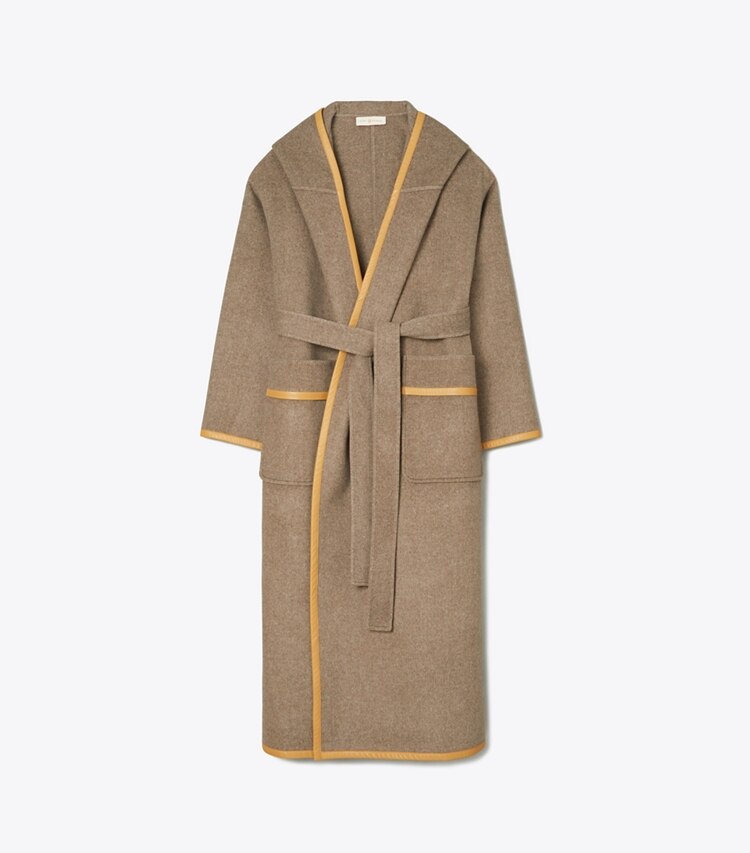 Tory Burch designer coats Double-Faced Wool Hooded Wrap Coat in Ashed Mocha front