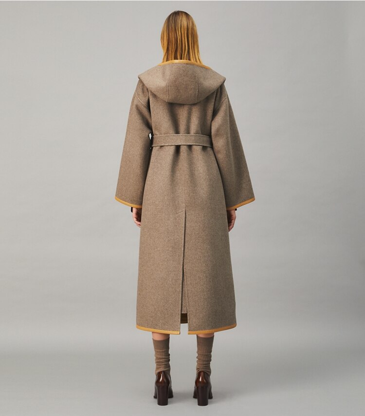 Tory Burch designer coats Double-Faced Wool Hooded Wrap Coat in Ashed Mocha on model back