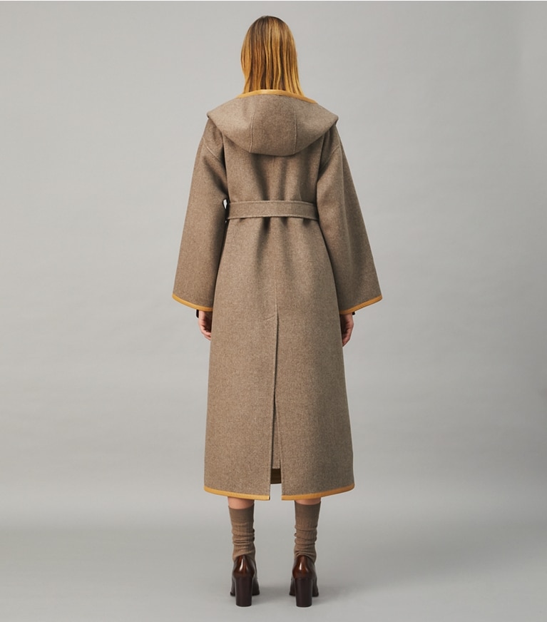 Tory Burch designer coats Double-Faced Wool Hooded Wrap Coat in Ashed Mocha front