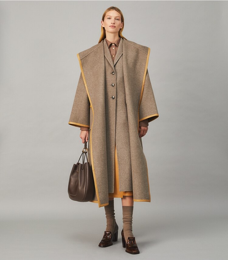 Tory Burch designer coats Double-Faced Wool Hooded Wrap Coat in Ashed Mocha on model front