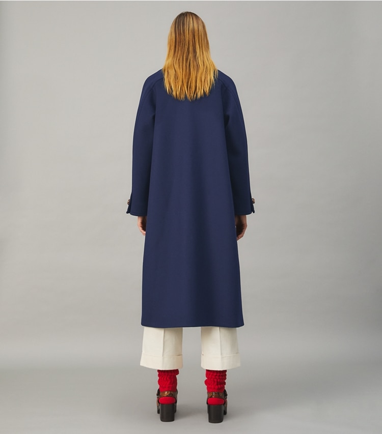 Tory Burch designer coats Double-Faced Wool Overcoat in Medium Navy on model back