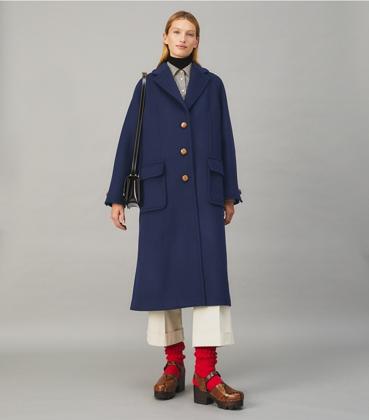 Tory Burch designer coats Double-Faced Wool Overcoat in Medium Navy on model front
