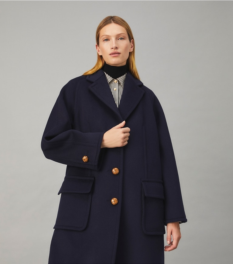 Tory Burch designer coats Double-Faced Wool Overcoat in Medium Navy front