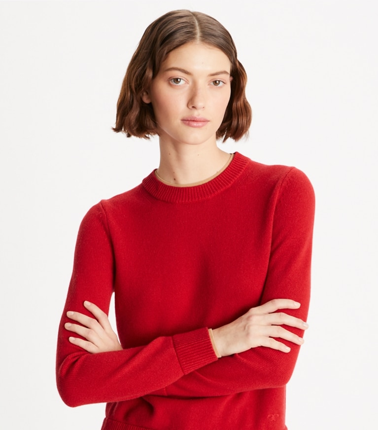 Tory Burch designer sweaters Double Layer Cashmere Crewneck in Chili Red front
