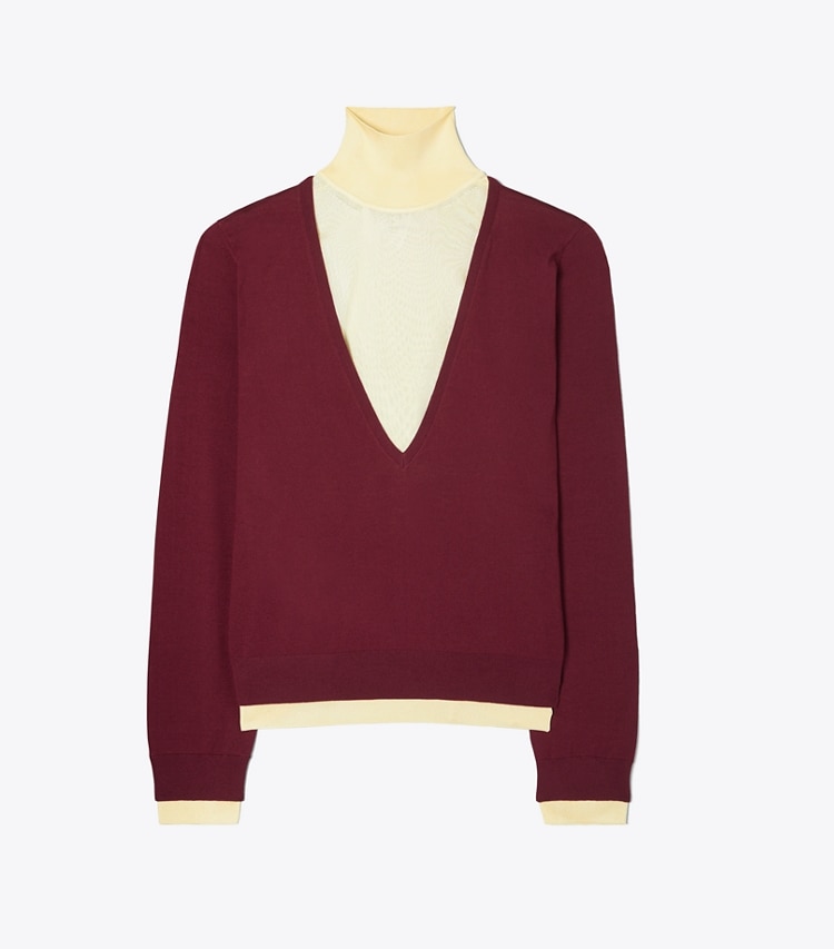 Tory Burch designer sweaters Double Layer Mock-Neck Pullover in Rich Wine / Yellow Lotus front
