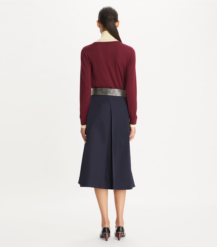 Tory Burch designer sweaters Double Layer Mock-Neck Pullover in Rich Wine / Yellow Lotus on model back