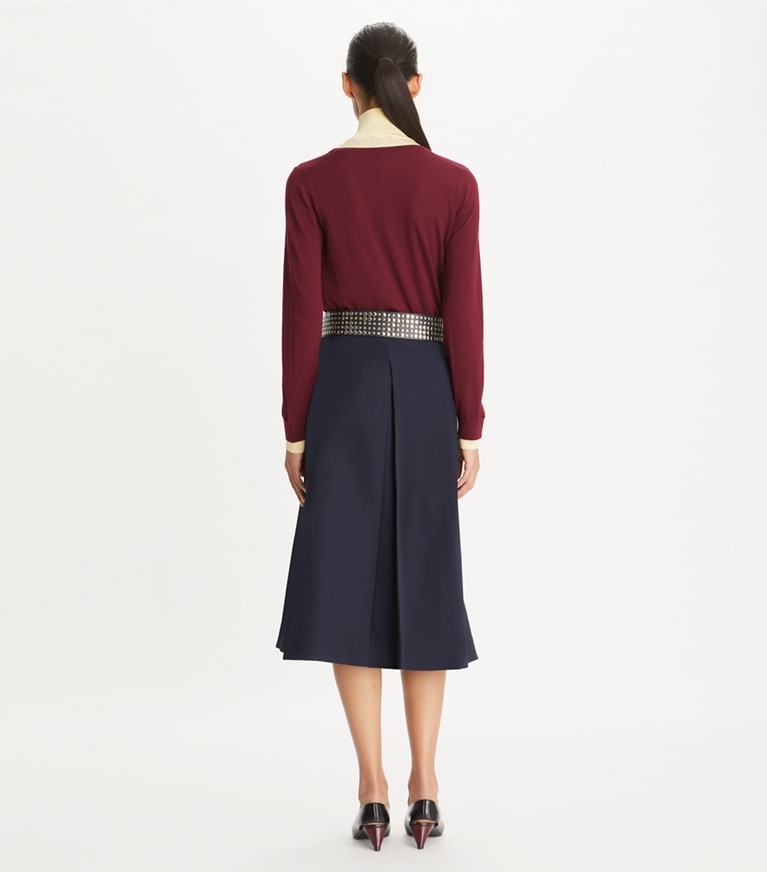 Tory Burch designer sweaters Double Layer Mock-Neck Pullover in Rich Wine / Yellow Lotus front