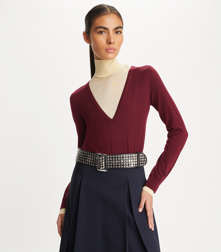 Tory Burch designer sweaters Double Layer Mock-Neck Pullover in Rich Wine / Yellow Lotus on model detail