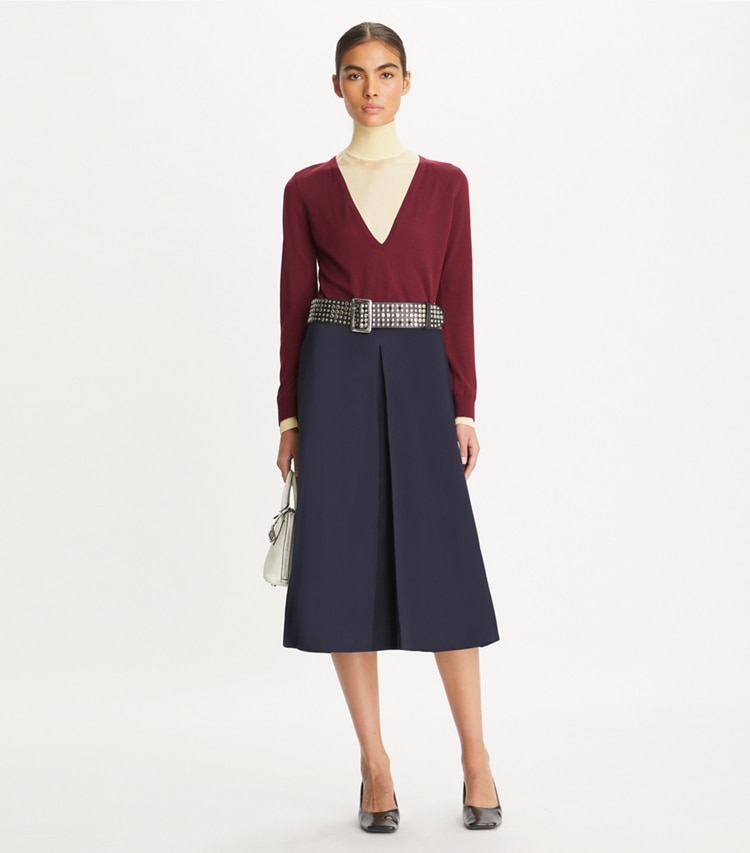 Tory Burch designer sweaters Double Layer Mock-Neck Pullover in Rich Wine / Yellow Lotus on model front