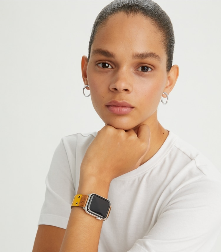Tory Burch designer watches tory track smart watches Double Rivets Band for Apple Watch®, Yellow Leather in YELLOW 1 accessory on model
