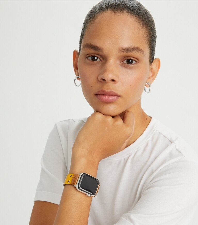 Tory Burch designer watches tory track smart watches Double Rivets Band for Apple Watch®, Yellow Leather in YELLOW 1 front main