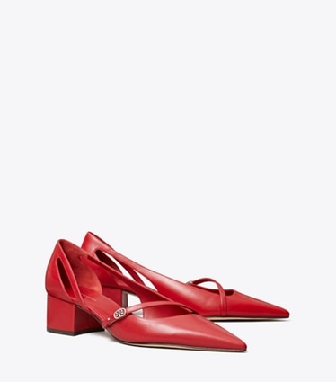Tory Burch designer heels Double T Buckle D'Orsay Pump in TORY RED angle