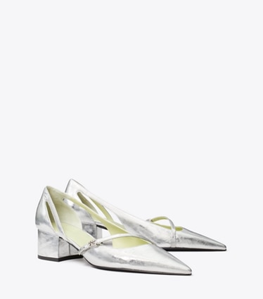 Tory Burch designer heels Double T Buckle D'Orsay Pump in SILVER angle