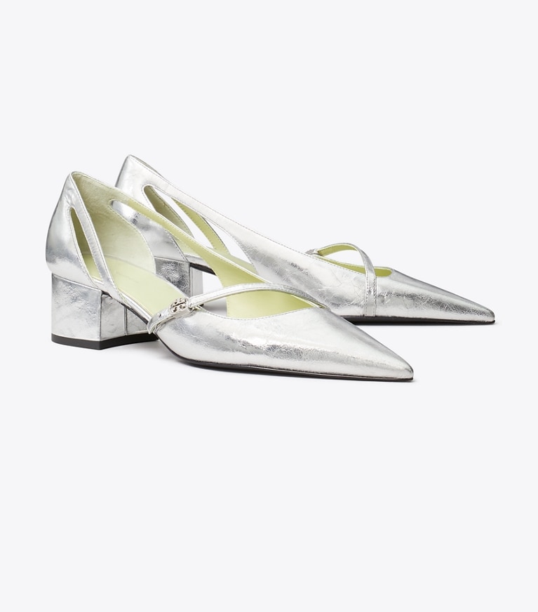 Tory Burch designer heels Double T Buckle D'Orsay Pump in SILVER angle