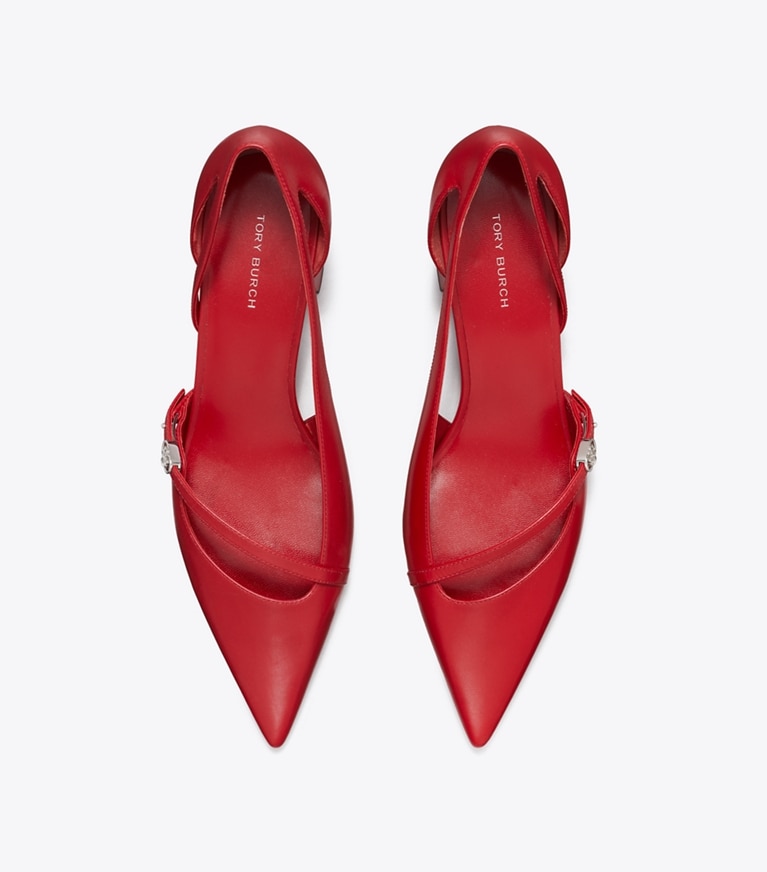 Tory Burch designer heels Double T Buckle D'Orsay Pump in TORY RED overhead