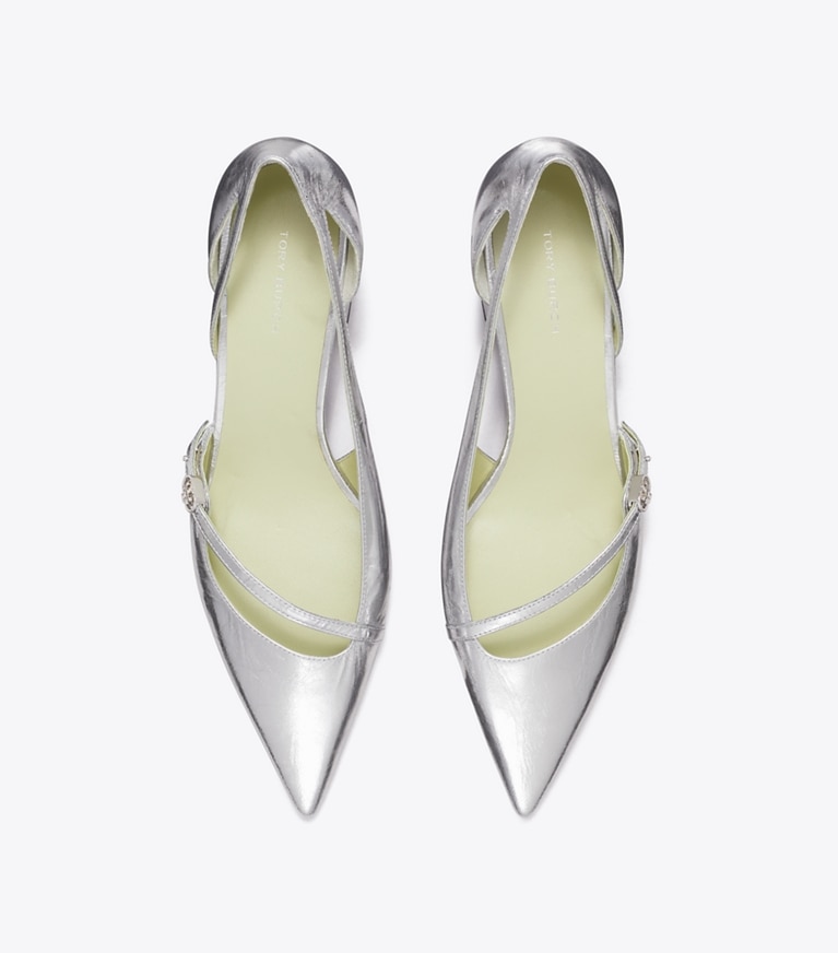 Tory Burch designer heels Double T Buckle D'Orsay Pump in SILVER overhead