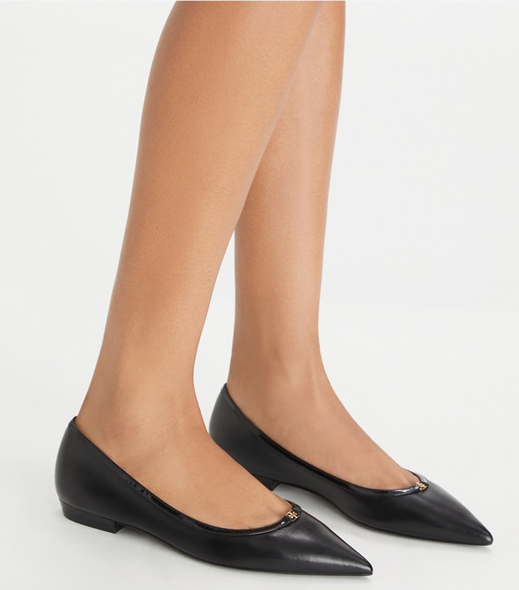 Tory Burch designer flats Double T Buckle Flat in PERFECT BLACK accessory on model