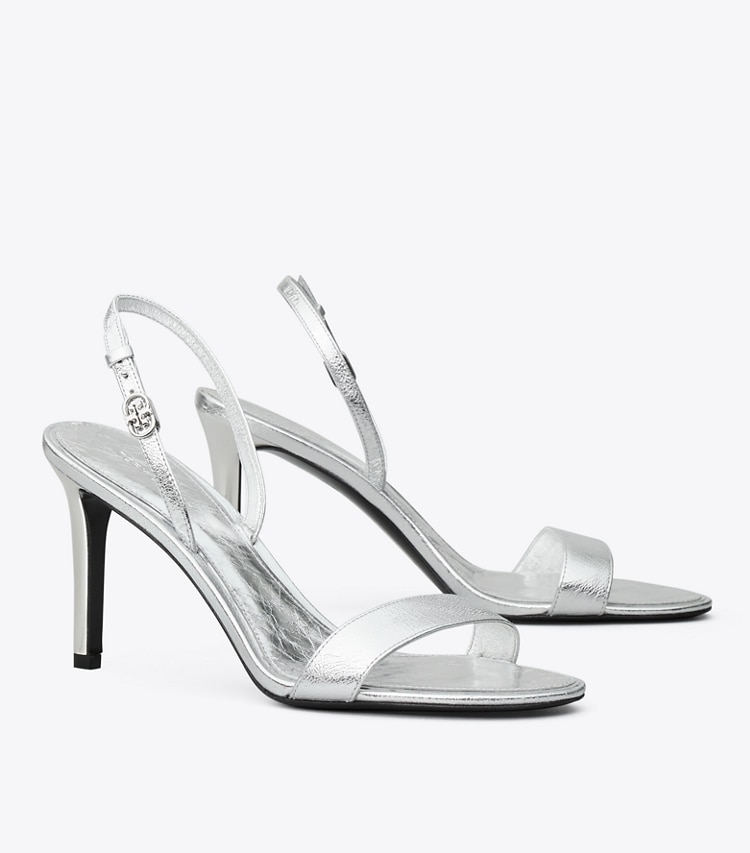 Tory Burch designer sandals Double T Buckle Heel Sandal in SHINY SILVER angle