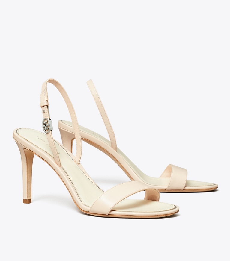 Tory Burch designer sandals Double T Buckle Heel Sandal in SOFT PINK angle