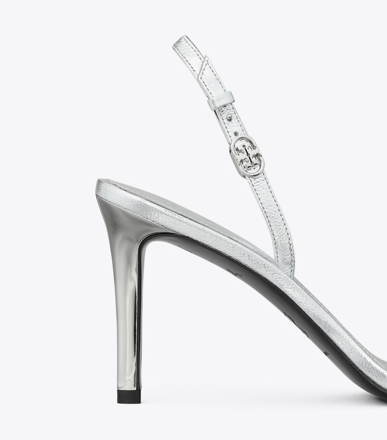 Tory Burch designer sandals Double T Buckle Heel Sandal in SHINY SILVER detail