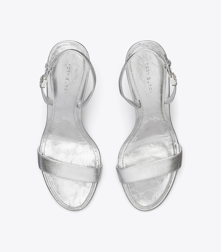 Tory Burch designer sandals Double T Buckle Heel Sandal in SHINY SILVER overhead