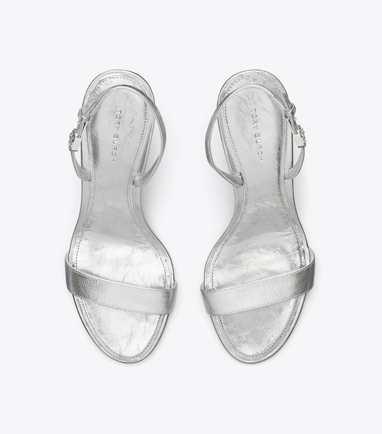 Tory Burch designer sandals Double T Buckle Heel Sandal in SHINY SILVER overhead