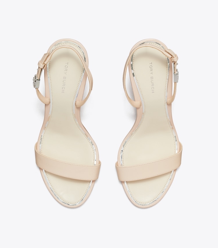 Tory Burch designer sandals Double T Buckle Heel Sandal in SOFT PINK overhead