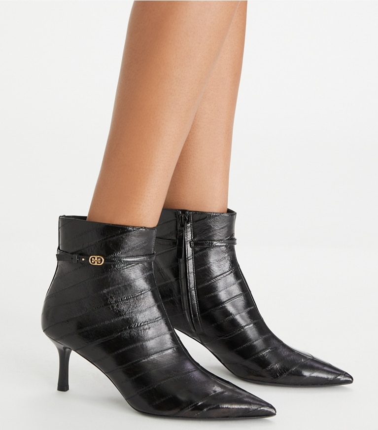 Tory Burch designer ankle boots Double T Buckle Heeled Ankle Boot in PERFECT BLACK angle